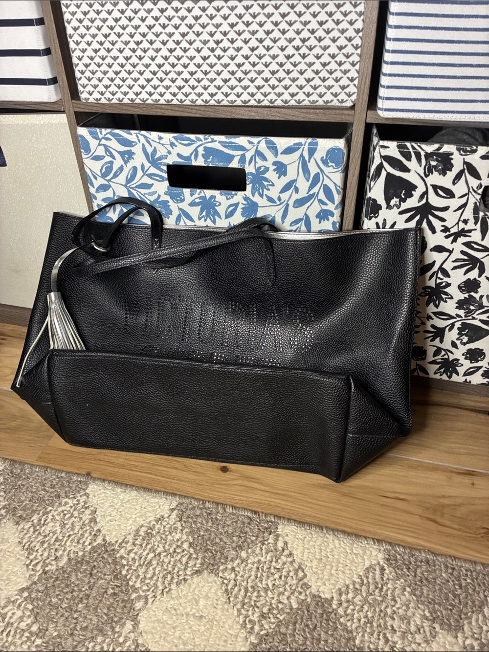 Victoria’s Secret Black Leather Tote Bag with Silver Tassel